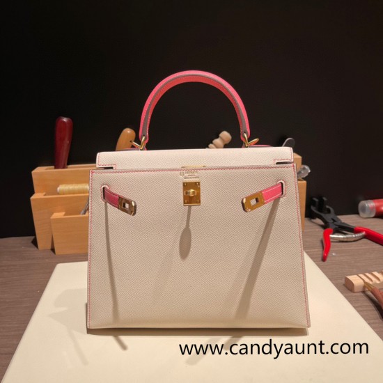 Hermes Kelly 25cm sellier swift 10 /Craie & 8W/ Rose Azalee Gold Hardware Full Handmade 050