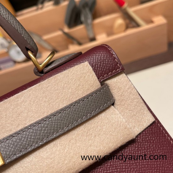 Hermes Kelly 25cm sellier Epsom touch 57/ Bordeaux & 8F/ Etain Gold Hardware Full Handmade 052