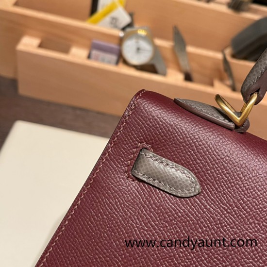 Hermes Kelly 25cm sellier Epsom touch 57/ Bordeaux & 8F/ Etain Gold Hardware Full Handmade 052