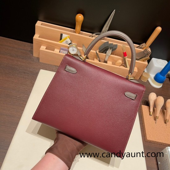 Hermes Kelly 25cm sellier Epsom touch 57/ Bordeaux & 8F/ Etain Gold Hardware Full Handmade 052