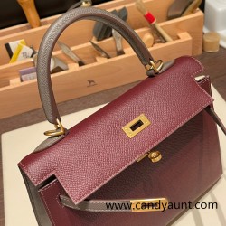 Hermes Kelly 25cm sellier Epsom touch 57/ Bordeaux & 8F/ Etain Gold Hardware Full Handmade 052