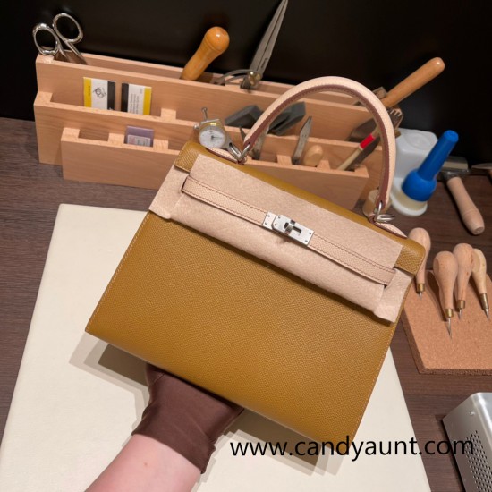 Hermes Kelly 25cm sellier Epsom touch U8 /Bronze Dore & P1 /Rose Eglantine Silver Hardware Full Handmade 054