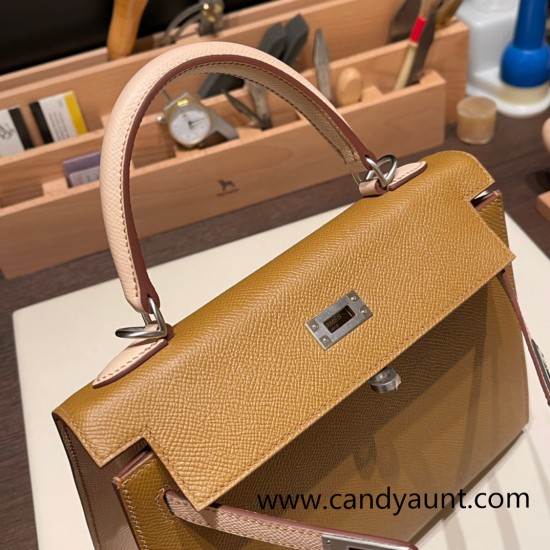 Hermes Kelly 25cm sellier Epsom touch U8 /Bronze Dore & P1 /Rose Eglantine Silver Hardware Full Handmade 054