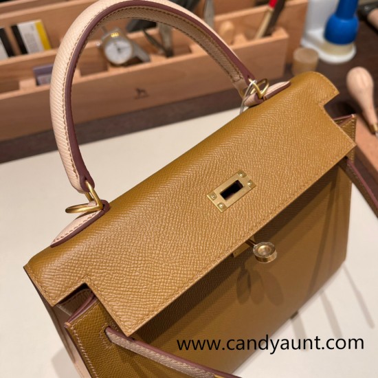 Hermes Kelly 25cm sellier Epsom touch U8 /Bronze Dore& P1/ Rose Eglantine Gold Hardware Full Handmade 055