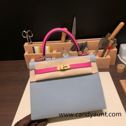 Hermes Kelly 25cm sellier Epsom touch J7 /Blue Lin& 9I/ Magnolia Gold Hardware Full Handmade 057