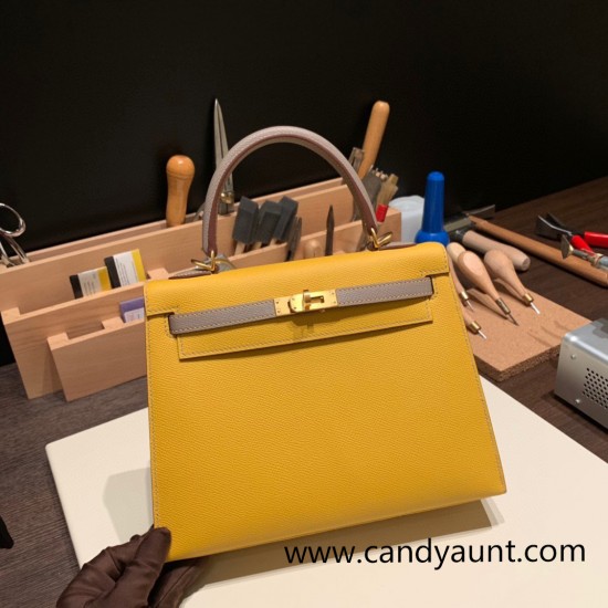 Hermes Kelly 25cm sellier Epsom touch 9D /Jaune Ambre & M8/Gris Asphalt Gold Hardware Full Handmade 060