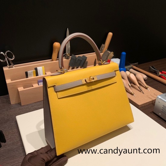 Hermes Kelly 25cm sellier Epsom touch 9D /Jaune Ambre & M8/Gris Asphalt Gold Hardware Full Handmade 060