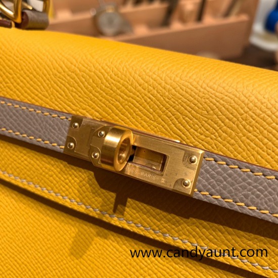 Hermes Kelly 25cm sellier Epsom touch 9D /Jaune Ambre & M8/Gris Asphalt Gold Hardware Full Handmade 060