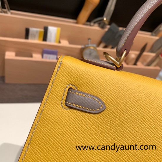 Hermes Kelly 25cm sellier Epsom touch 9D /Jaune Ambre & M8/Gris Asphalt Gold Hardware Full Handmade 060