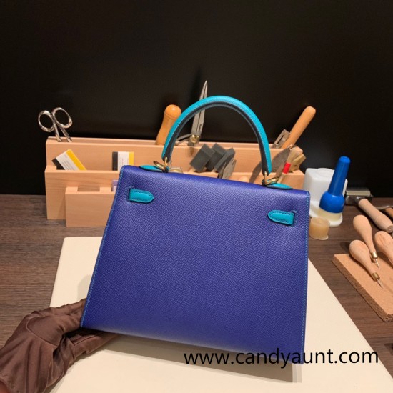 Hermes Kelly 25cm sellier Epsom touch 7T /Blue Electric & 7F /Blue Paon Gold Hardware Full Handmade 063