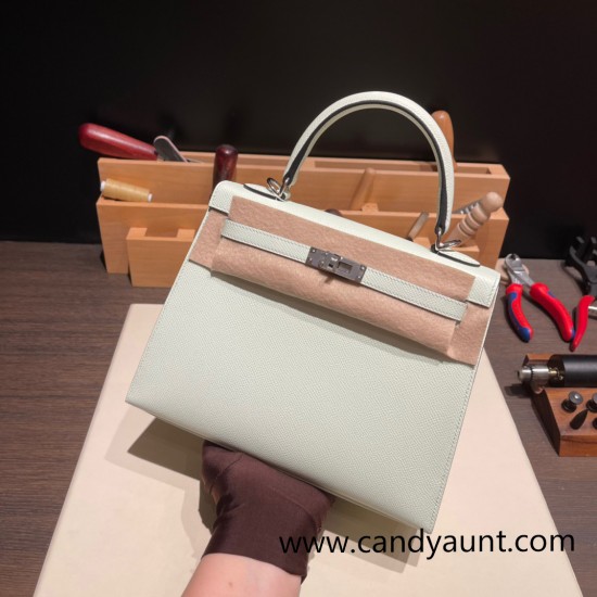 Hermes Kelly 25cm sellier Epsom 0S vertdeau Silver Hardware Full Handmade 067