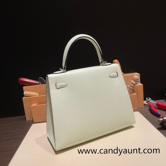 Hermes Kelly 25cm sellier Epsom 0S vertdeau Silver Hardware Full Handmade 067