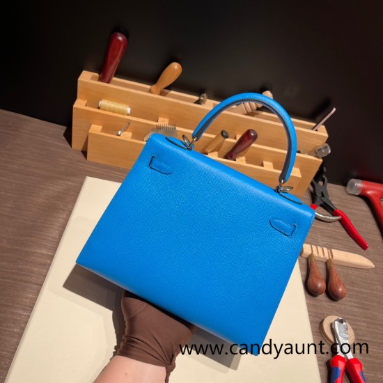 Hermes Kelly 25cm sellier Epsom 0F /Blue Frida Gold Hardware Full Handmade 077