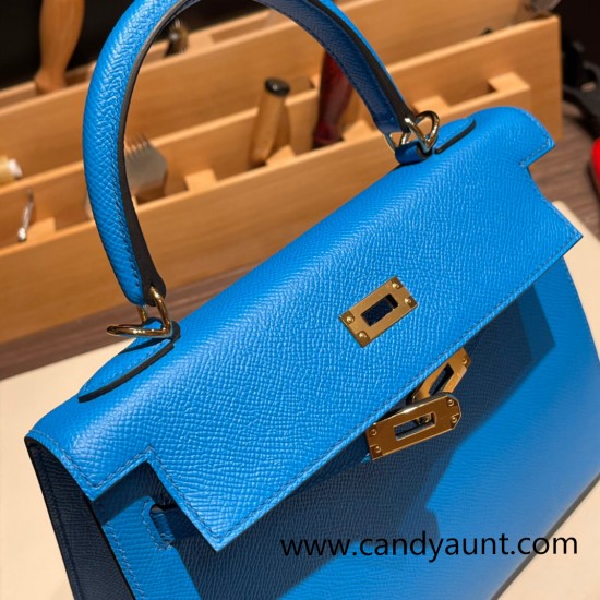 Hermes Kelly 25cm sellier Epsom 0F /Blue Frida Gold Hardware Full Handmade 077