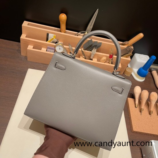 Hermes Kelly 25cm sellier Epsom 0L/ Gris Meyer Silver Hardware Full Handmade 083