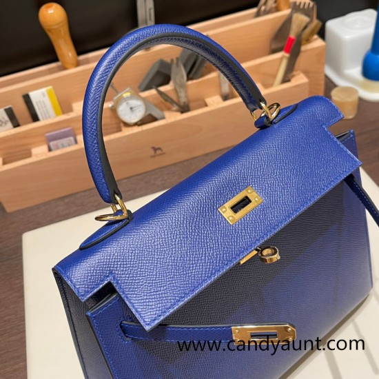 Hermes Kelly 25cm sellier Epsom 7T /Blue Electric Gold Hardware Full Handmade 087