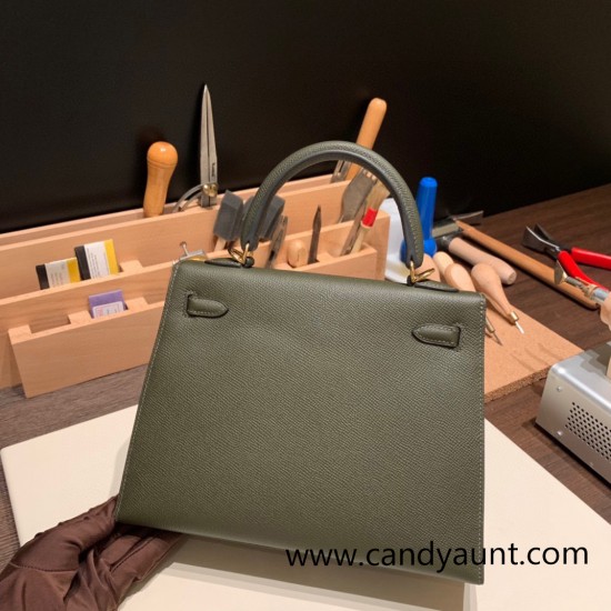 Hermes Kelly 25cm sellier Epsom C6 /Vert Gris Gold Hardware Full Handmade 091