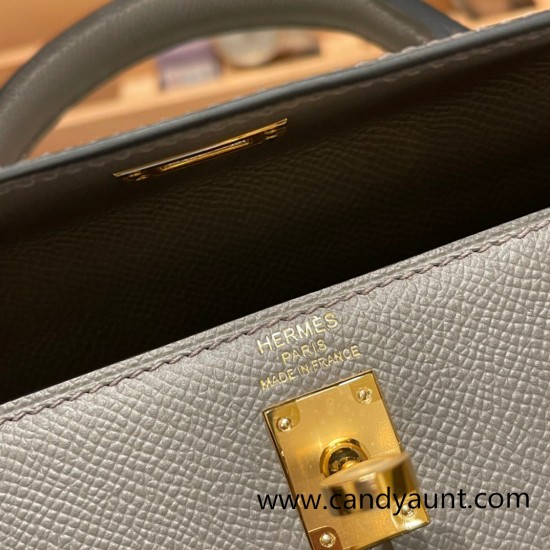 Hermes Kelly 25cm sellier Epsom 0L/ Gris Meyer Gold Hardware Full Handmade 094