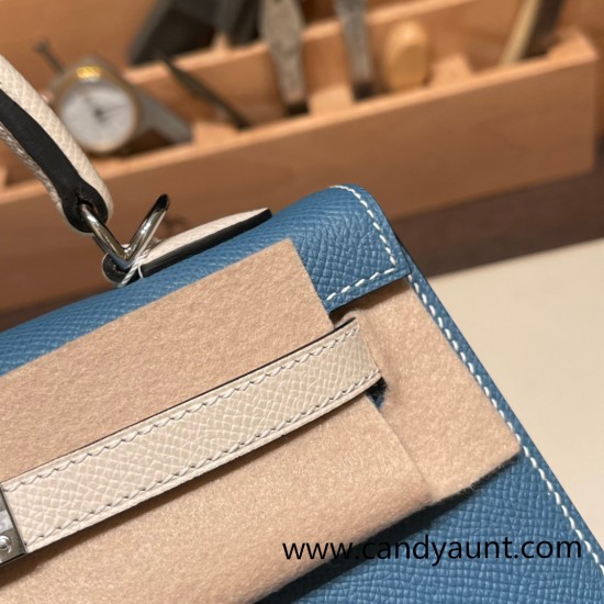 Hermes Kelly 25cm sellier Epsom 75/Blue Jean & 10 /Craie Silver Hardware Full Handmade 096