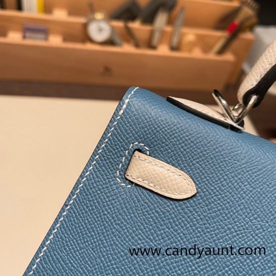 Hermes Kelly 25cm sellier Epsom 75/Blue Jean & 10 /Craie Silver Hardware Full Handmade 096