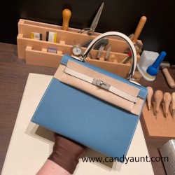 Hermes Kelly 25cm sellier Epsom 75/Blue Jean & 10 /Craie Silver Hardware Full Handmade 096