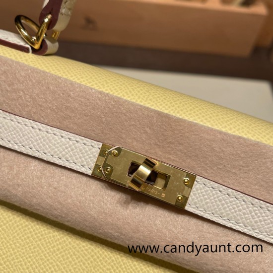 Hermes Kelly 25cm sellier Epsom 1Z/ Jaune Poussin & 10 /Craie Gold Hardware Full Handmade 097