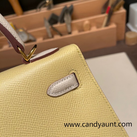 Hermes Kelly 25cm sellier Epsom 1Z/ Jaune Poussin & 10 /Craie Gold Hardware Full Handmade 097