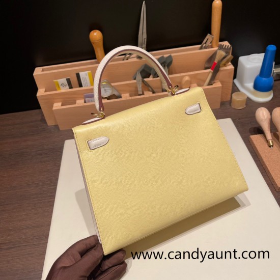 Hermes Kelly 25cm sellier Epsom 1Z/ Jaune Poussin & 10 /Craie Gold Hardware Full Handmade 097