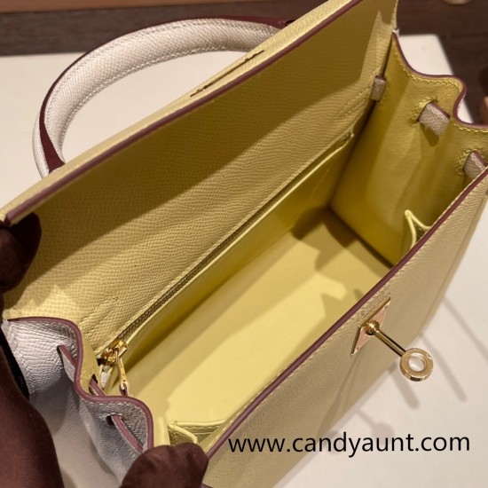 Hermes Kelly 25cm sellier Epsom 1Z/ Jaune Poussin & 10 /Craie Gold Hardware Full Handmade 097