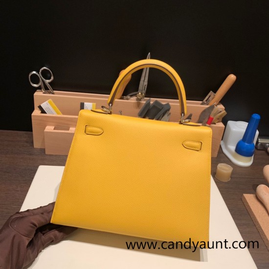 Hermes Kelly 25cm sellier Epsom 9D /Jaune Ambre Silver Hardware Full Handmade 110