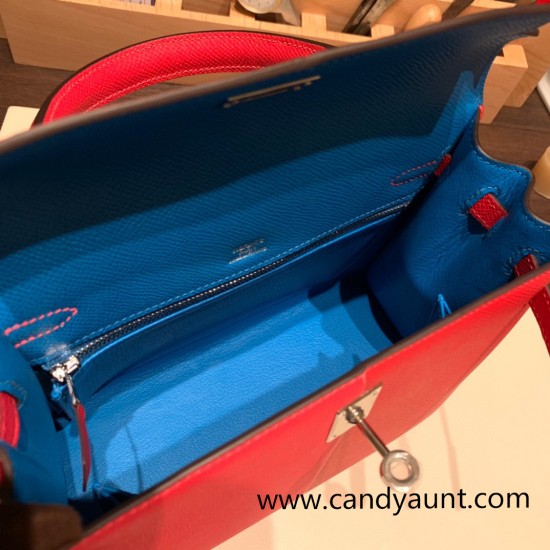 Hermes Kelly 25cm sellier Epsom S3/Rouge Cœur & I6 /Rose Extreme & B3 /Blue Zanzibar  112