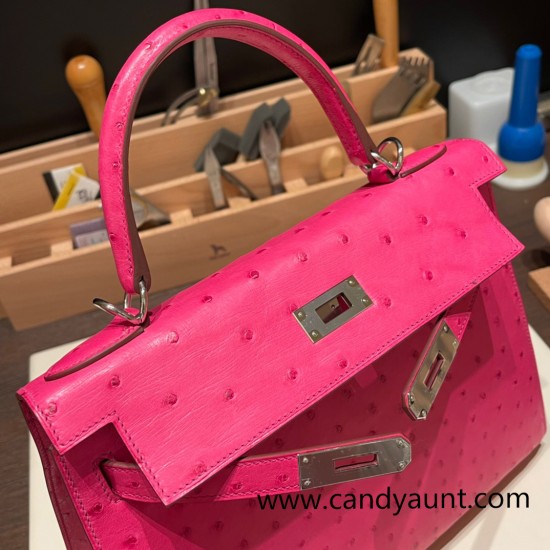 Hermes Kelly 28CM Ostrich 8T /Rose Candy SilverHardware  FullHandmade 007