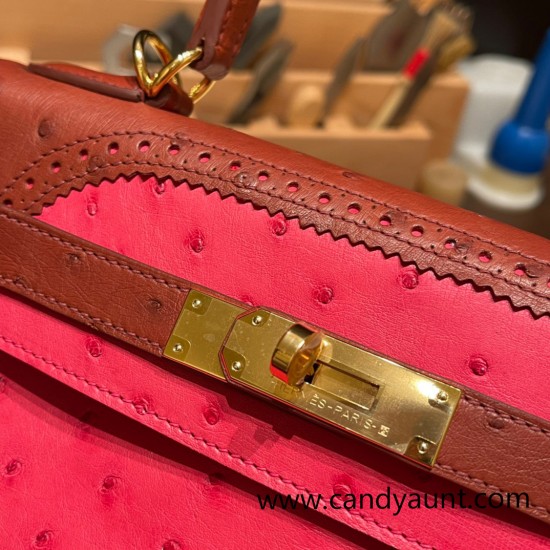 Hermes Kelly 28CM Ostrich I6 /Rose Extreme & 6C /Cuivre GoldHardware    FullHandmade 008