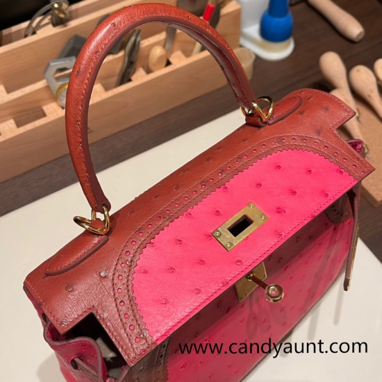 Hermes Kelly 28CM Ostrich I6 /Rose Extreme & 6C /Cuivre GoldHardware    FullHandmade 008