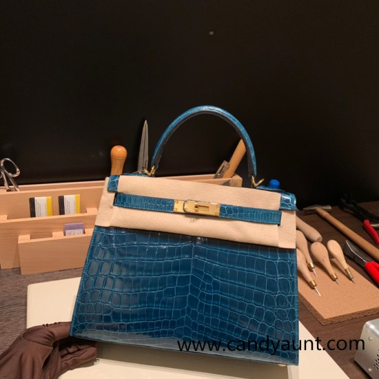 Hermes Kelly 28CM Crocodile Niloticus W0 /Vert Bosphore GoldHardware    FullHandmade 010