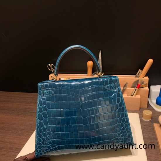 Hermes Kelly 28CM Crocodile Niloticus W0 /Vert Bosphore GoldHardware    FullHandmade 010