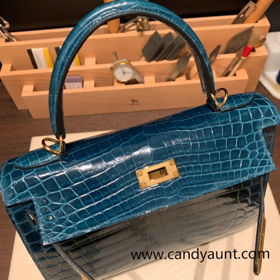 Hermes Kelly 28CM Crocodile Niloticus W0 /Vert Bosphore GoldHardware    FullHandmade 010