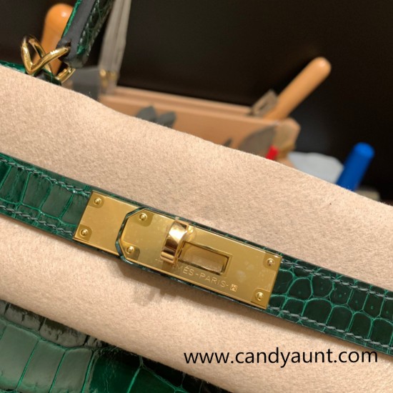 Hermes Kelly 28CM Crocodile Niloticus W0 /Vert Bosphore GoldHardware    FullHandmade 011