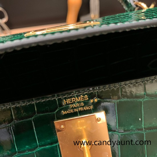 Hermes Kelly 28CM Crocodile Niloticus W0 /Vert Bosphore GoldHardware    FullHandmade 011