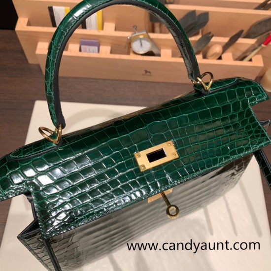 Hermes Kelly 28CM Crocodile Niloticus W0 /Vert Bosphore GoldHardware    FullHandmade 011