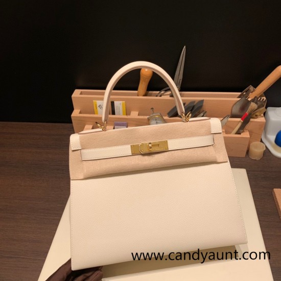 Hermes Kelly 28CM Epsom 10 /Craie GoldHardware    FullHandmade 015