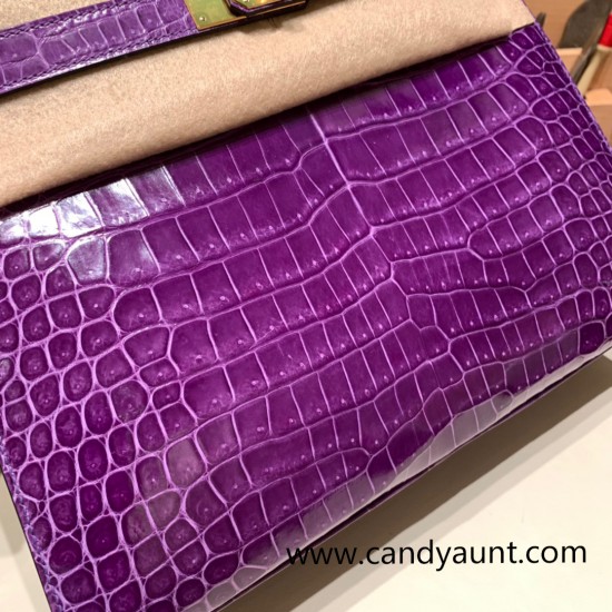 Hermes Kelly 28CM Porosus Crocodile 96 / Violet GoldHardware 034