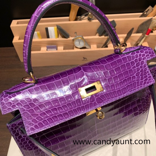 Hermes Kelly 28CM Porosus Crocodile 96 / Violet GoldHardware 034