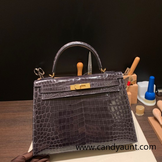 Hermes Kelly 32cm Crocodile Niloticus 88/ Graphite Gold Hardware Full Handmade