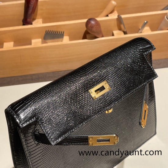 Hermes Kelly danse Lizard 89 /Black (Noir)Gold Hardware