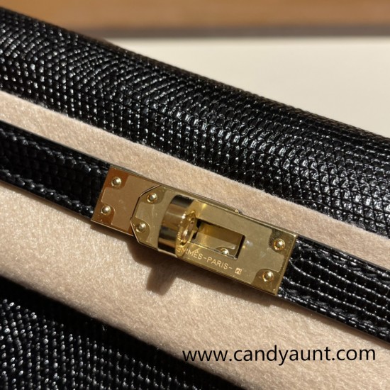 Hermes Kelly danse Lizard 89 /Black (Noir)Gold Hardware