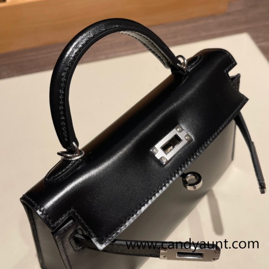 Hermes kelly20 New stock box 89/ Black (Noir) Silver Hardware Full Handmade kellymini-008