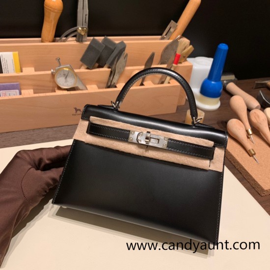 Hermes kelly20 box 19cm 89/ Black (Noir) Silver Hardware Full Handmade kellymini-011