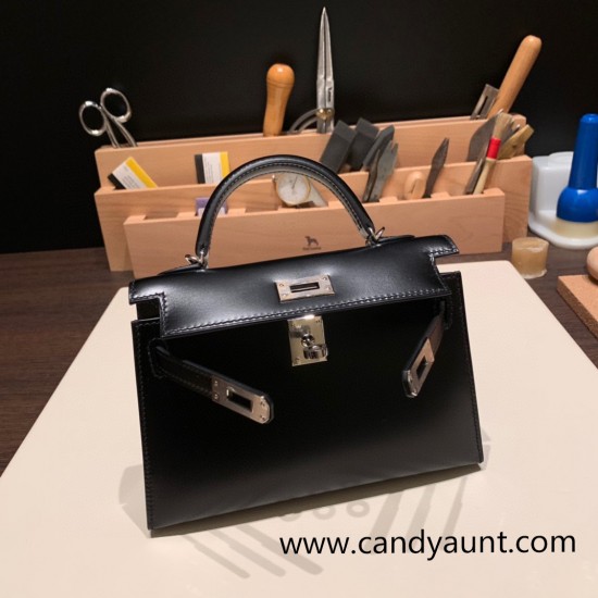 Hermes kelly20 box 19cm 89/ Black (Noir) Silver Hardware Full Handmade kellymini-011