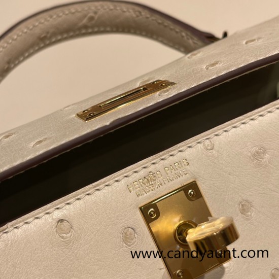 Hermes kelly20 ostrich 19cm3C /Parchemin Gold Hardware    Full Handmade kellymini-016